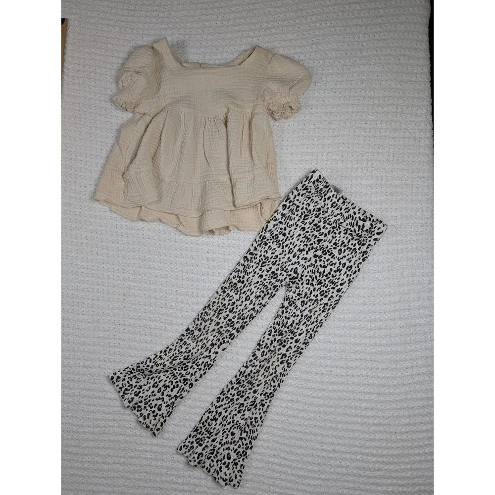 RZ by Rachel Zoe Toddler Girls 4T Cream Gauze Top and Leopard Flare Leggings Set